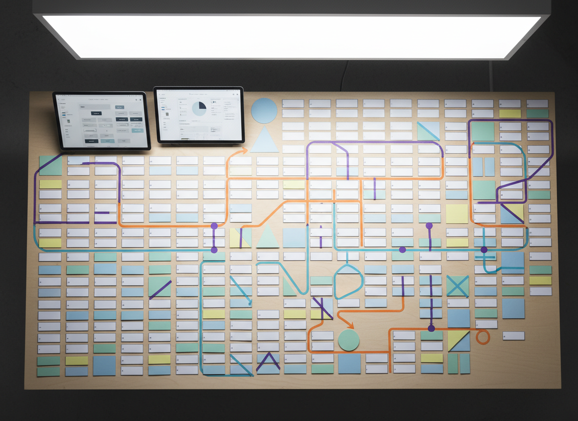 A bird’s-eye, photographic view of a large project table covered in an organized UX mapping session for a decision-support tool. Neatly arranged cards and colored shapes form interconnected flows and system diagrams without any legible text, representing user journeys, data inputs, and outcomes. A tablet displays a well-structured design system with buttons, inputs, and layout components, while a second screen shows a simplified dashboard interface. Overhead, bright but diffused lighting eliminates harsh shadows, creating an even, analytic atmosphere. The composition emphasizes geometric order and clear pathways, with leading lines guiding the eye through the system. The overall mood is methodical and thoughtful, conveying how complex systems are made understandable and human-centered through structured UX design work.